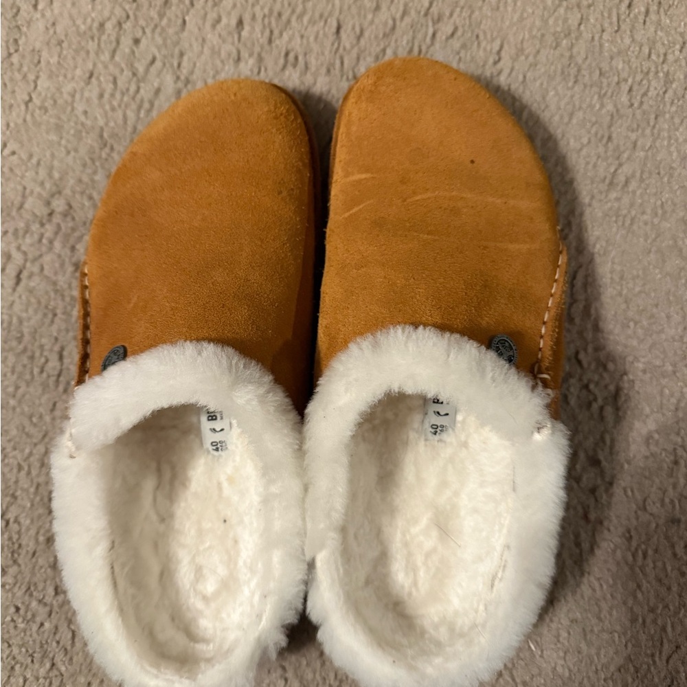 Birkenstock Tan Suede Slippers with White Fleece